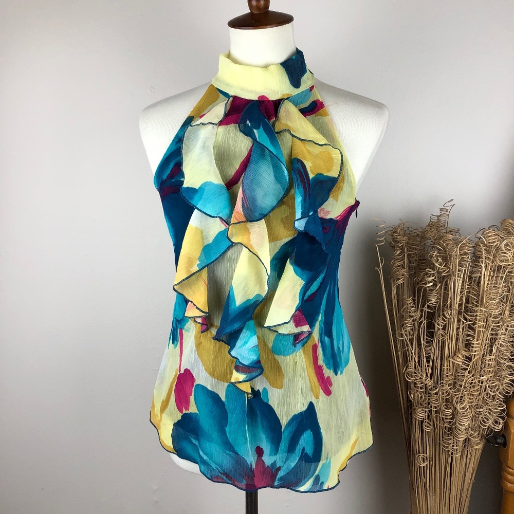BCX Ruffle Keyhole Floral Sleeveless Halter Blouse Medium Blue Yellow